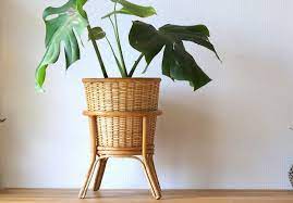 French Vintage Rattan Planter With Stand 1960s Flower Pot Holder Modern Minimalist Boho Nordic Decor Tiki C Rattan Planters Flower Pot Holder Nordic Decor