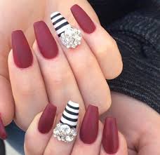 Black And White Striped Nails Coffin Matte Wine Black White Stripes With Embellishments Nail Art For Beginners Nail Art Designs Birthday Nail Art