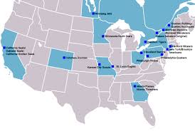 Map that shows where all 30 of the nhl teams are located. List Of Defunct And Relocated National Hockey League Teams Wikipedia