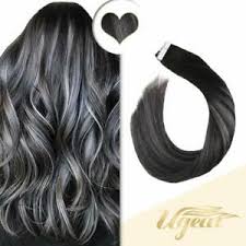 Shop tape in hair extensions human hair with us. Ugeat Tape In Hair Extensions Human Hair Balayage Black And Silver 50g 20pcs Ebay