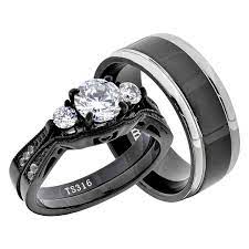 Flamereflection His And Her Black Plated Stainless Steel Bridal Ring Set And Black T Wedding Rings Engagement Band Engagement Ring Engagement Wedding Ring Sets