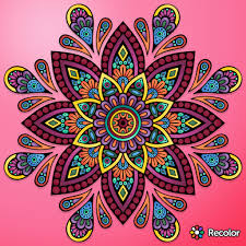 Brightly Colored Mandala On Pink Field Gradient Colors With No Added Effect Mandala Coloring Mandala Painting Mandala Design
