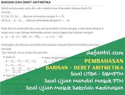 Ada 5 macam transformasi geometri yang dipelajari di tingkat sma, yaitu translasi (pergeseran), refleksi (pencerminan), rotasi (perputaran), dilatasi (perubahan ukuran), dan transformasi oleh … 30 Soal Dan Pembahasan Matematika Dasar Sma Barisan Dan Deret Aritmetika Defantri Com