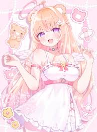 otoufu tea, indie virtual youtuber, absurdres, commentary request,  commission, highres, skeb commission, 1girl, ahoge, amasaki cookie, angel  wings, animal ears, bare shoulders, blush, braid, choker, hair ornament,  halo, heart, heart ahoge, heart