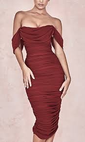 Queen Of Hearts Burgundy Short Sleeve Off The Shoulder Draped Ruched Bodycon Midi Dress Elegant Dresses For Women Midi Dress Bodycon Pretty Dresses