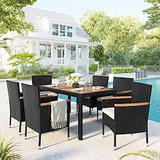 Merax 4 piece outdoor garden rattan patio furniture set with tempered glass tabletop with white cushions? Upc 843438113672 Merax 7 Pc Patio Dining Table Set Rattan Wicker Patio Bar Chairs Dining Table Set With Cushions Barcode Index