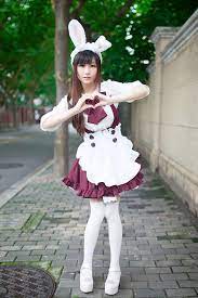 meido cafe maid uniform dress bow tie ribbon apron stockings rabbit ears bunny ears ruffles frills maid costume maid cosplay maid outfit