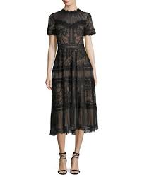 Tadashi Shoji Lace High Neck Pleated A Line Cocktail Dress Lace Tea Length Dress Short Sleeve Lace Dress Lace Midi Dress