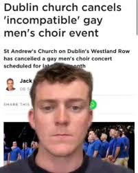 Jacob Sweeney again, from the Kerry branch of the National Party, delighted  a church *REJECTS* the gays. Like this is shocking news or something.  Y'know someone needs to sit down with the religious ...