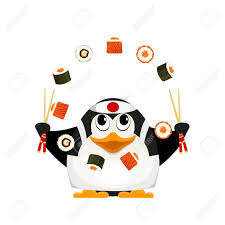 Juegos > juegos de cocina > restaurante de pingüino. Chef De Cocina Japonesa El Pequeno Pinguino Joven Hace Juegos Malabares Con La Comida Japonesa Ilustracion Vectorial De Dibujos Animados Ilustraciones Vectoriales Clip Art Vectorizado Libre De Derechos Image 79565975
