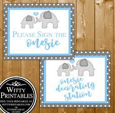 Free baby shower invitation template, blue elephant, printable editable. Sign Or Decorate A Onesie Baby Shower Game Printable Blue Elephant Boy Theme Wittyprintables