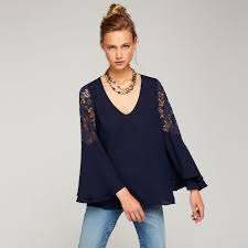 Lacivert Dantel Kol Detayli V Yaka Bluz Bluz Kadin Giyim