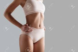 Close Up Of Fit Female Body Wearing Tight Panties And Bra. She Is Holding  Hands On Waistline. Copy Space On Right Side. Isolated On Background Stock  Photo, Picture and Royalty Free Image.