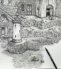An Amazingly Realistic Penandink Architecture Illustration By Olivia Kemp Livvykemp Of A Harborfront Dockin Realistic Drawings Cityscape Drawing Drawings