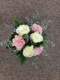 White Roses Pink Carnations Limonium And Black Ribbon Accents Hand Tied Bouquet Pink Carnations Hand Tied Bouquet White Roses