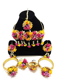 30 days free exchange or return Buy Naazz Flower Jewellery Set For Haldi Baby Shower Mehndi Godbharai Multicolour Gota Patti Set For Women And Girls At Amazon In