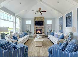 Echelon Interiors Beach House Living Room Coastal Living Rooms Blue And White Living Room