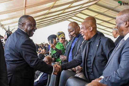♦️In Pictures♦️ Mr Cyril Ramaphosa greeting the CIC Julius Malema and the EFF leadership at the State Funeral of Prince Mangosuthu Buthelezi in Ulundi, KwaZulu-Natal. Lala Ngoxolo Shenge!