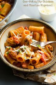 This crispy chicken with garlic penne pasta is great for dinner. One Pot Spicy Chicken And Chorizo Rigatoni Cooking Curries