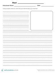 This handwriting paper has 1/2 horizontal ruling, a red baseline, a broken blue midline and a descender space for making it easy for students to find the headline quickly and easily. Classmate Interview Writing Worksheet Education Com Writing Worksheets Writing Rubric Creative Writing Worksheets