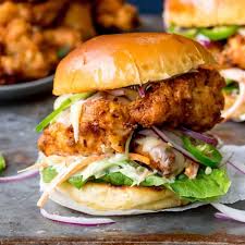 Crispy Chicken Burger With Honey Mustard Coleslaw On A Toasted Brioche Bun With Jalapenos And Crunchy Le Chicken Burgers Crispy Chicken Burgers Crispy Chicken