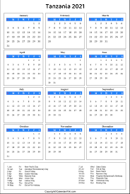 Bagi bulan 1(januari), 2( februari), 3(mac), 4(april) , 5(mei), 6 (jun), 7(julai), 8(ogos), 9 (september), 10(oktober), 11(november) dan bulan 12(december) untuk tahun 2021. Printable Tanzania Calendar 2021 With Holidays Public Holidays