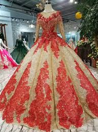 Gold Ball Gown Sequins Red Lace Appliques Long Sleeve Wedding Dress With Beading Ball Gowns Gowns Wedding Dress Long Sleeve