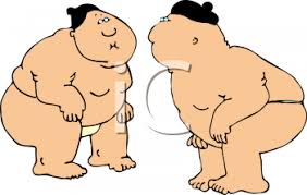 Two people wrestle in a ring, but, because it is a very ancient sport, there is lots of ceremony and ritual as well. Cartoon Of Two Sumo Wrestlers Facing Each Other Royalty Free Clip Art Picture