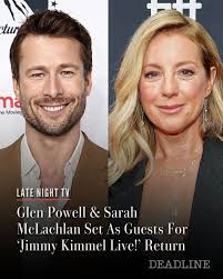 JimmyKimmelLive! is back after a week's pause with Glen Powell and Sarah  McLachlan set as guests. Powell is promoting Hulu sports comedy series  'Chad Powers,' which he co-created and stars in, which