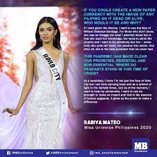 Rabiya mateo was crowned miss universe philippines 2020 besting 40 other candidates to the title. Mbentertainment On Twitter Here Are The Winning Answers Of The Newly Crowned Miss Universe Philippines 2020 Rabiya Mateo Missuniversephilippines Https T Co Qxh6pzrcn4