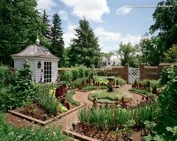 Traditional Potager Kitchen Garden In Colonial Williamsburg Style With Potting Shed And Brick Wall Farmhouse Landscaping Colonial Garden Cottage Garden
