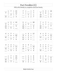 The Multiplication And Division Relationships With Products To 49 C Multiplication And Division Worksheets Fact Family Worksheet Fact Families Multiplication
