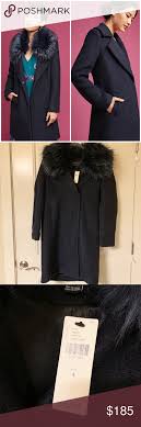 Navy Blue Faux Fur Collared Long Trench Coat New With Tags