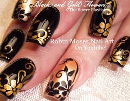 Black And Gold Flowers Nail Art Tutorial Flower Nails Black And Gold Flower Nail Design Gold Nails Gold Nail Art Gold Nail Designs
