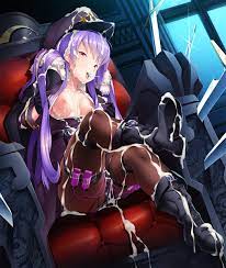 ass boots breasts cum facial female female hat lilith-soft  looking at viewer nipples no bra noel renoir potion (moudamepo) purple hair  red eyes sex toy shorts sitting smile sword