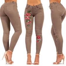 Details About Womens Beige Embroiderey Jeans Stretchy Rose Print Sexy Jeans Size 6 8 10 12 14