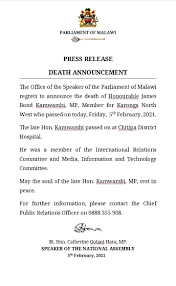 What is a death announcement card? Death Announcement Parliament Of Malawi Facebook