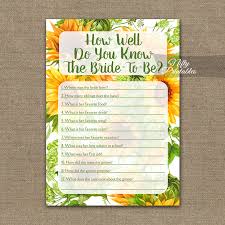 1) the entire bridal shower contingent at the start of the party is each given a card and pen. How Well Do You Know The Bride Sunflowers Nifty Printables