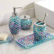 Organize cotton balls and swabs in small or medium canisters. Buy Whole Housewares 5 Pieces Bathroom Accessory Set Bright Colored Mosaic Glass Bath Ensemble Lotion Dispenser Toothbrush Holder Cotton Jar Vanity Tray Soap Dish Mermaid Online In Uzbekistan B087g67573