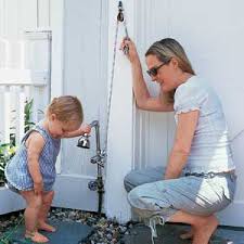 The pan drains trough a tube that either connects to the wastewater system or with pipes that irrigate plants or food crops. Outdoor Showers This Old House