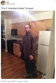 Why does robert pattinson look so strange in this meme? This Is Strawberry Dress For Guys Tracksuit Robert Pattinson Standing In The Kitchen Know Your Meme