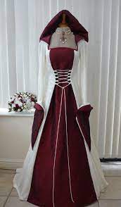 Medieval Pagan Wedding Hooded Dress Cream Burgundy Dawns Medieval Dresses Medieval Dress Halloween Wedding Dresses Fancy Dresses