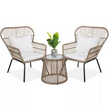best choice products 3 piece patio wicker conversation bistro set w 2 chairs glass top side tabl in 2021 patio seating sets glass top side table patio furniture sets