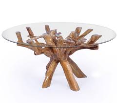 Teak Wood Root Dining Table Including A Round 48 Inch Glass Top Solid Wood Dining Table Wood Dining Table Dining Table Sizes