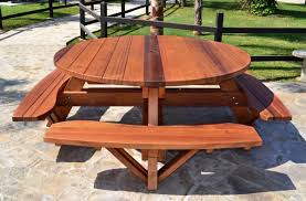 Make Eating Outside An Occasion With Our Popular Round Picnic Tables Its Round Design Has Ple Outdoor Picnic Tables Wooden Picnic Tables Octagon Picnic Table