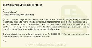 Modelo De Carta Resumo De Proposta De Precos