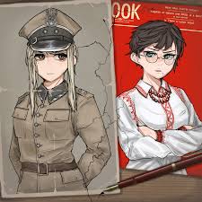 pzkpfwi, hearts of iron, kaiserreich, traditional clothes, highres, 2girls,  arms behind back, bead necklace, beads, belt, bird, blonde hair, breasts,  brown belt, brown eyes, brown hair, buttons, coat, crossed arms, eagle,  english
