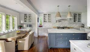 Light gray kitchen cabinets with blue island. Blue Gray Kitchen Island With Honed White Marble Transitional Kitchen