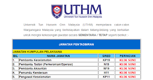 Those who are interested and have certificate about this job, you are invited to apply this job. Permohonan Online Jawatan Kosong Di Universiti Tun Hussein Onn Malaysia Uthm Kelayakan Pmr Spm