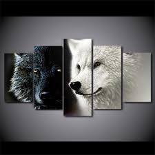 Black And White Animal Prints Framed Black Wolf White Wolf 5 Panel Canvas Print Wall Art Large Framed Gallery Wrap Wolf Wall Art 5 Piece Canvas Art Animal Canvas